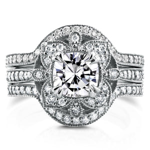 Antique Floral Moissanite and Diamond 3 Piece Bridal Set 1 3/4 CTW in 14k White Gold