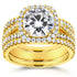 Cushion Moissanite Bridal Set with Split Shank Halo Diamond 3 CTW 14k Yellow Gold (3-Piece Set)