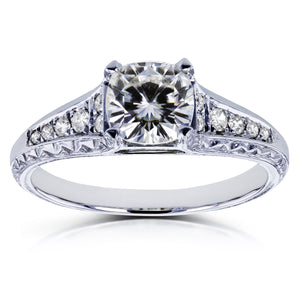 Cushion Moissanite and Diamond Vintage Engagement Ring 1 1/5 CTW in 14k White Gold